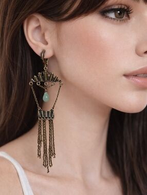 Old Gold tone Fringed & Green Beads Drop Dangle Earrings - Women Fashion Jewelry